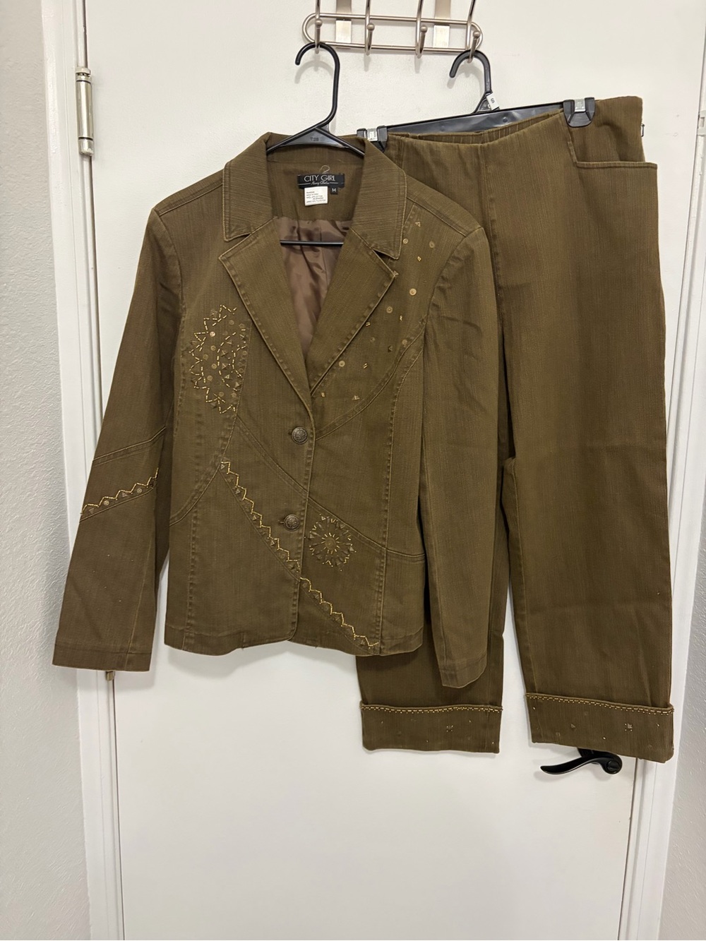 City girl Nancy Bolen Embroidered Olive Tailored Blazer & Trouser Set